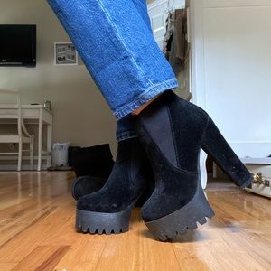 Black suede platform heels